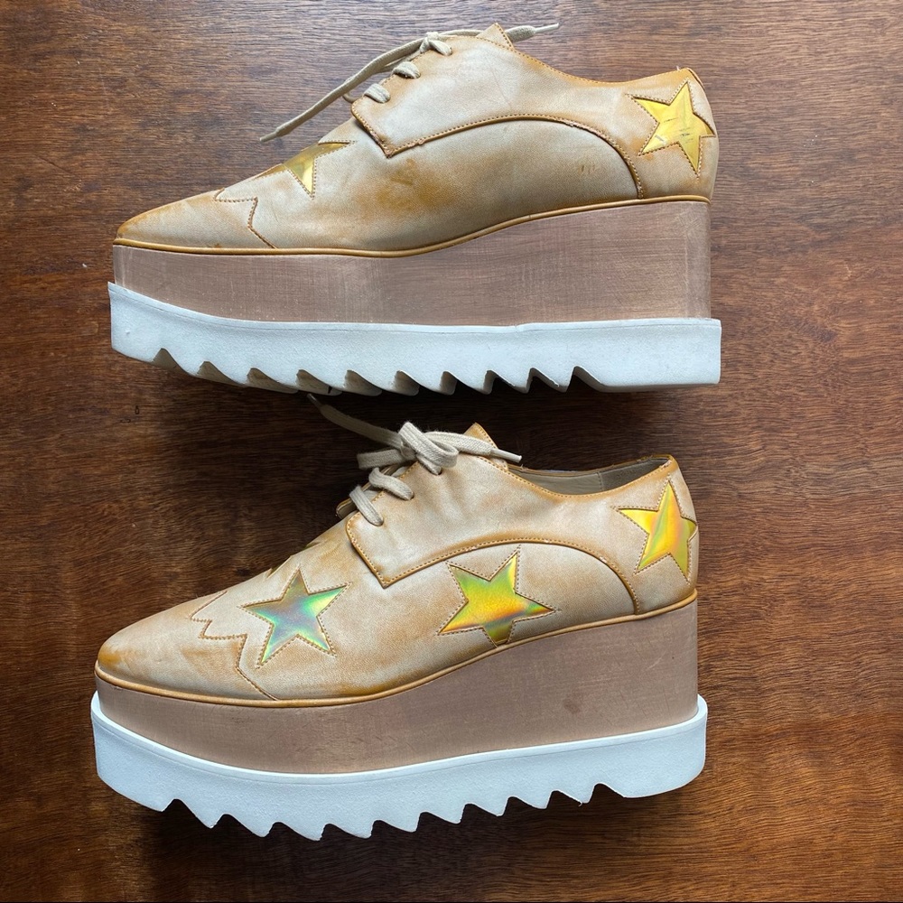 Stella Mccartney Star Elyse Platform Shoes Size 37.5 Beige Cream Gold Stars 7